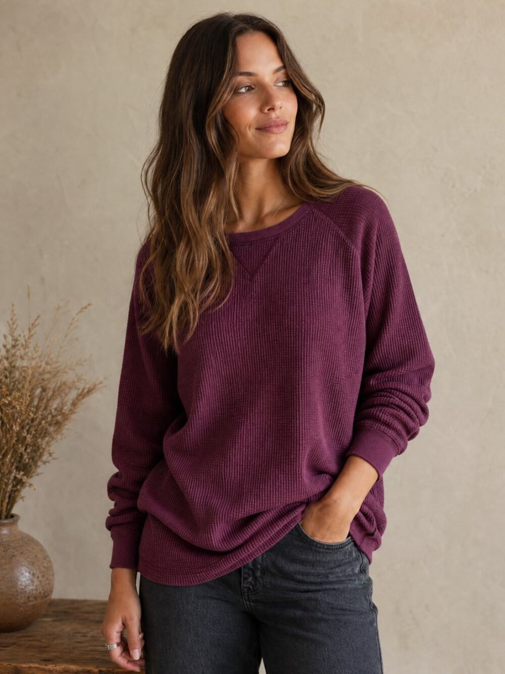 Banana Republic Waffle Knit Thermal Top Plum Purple Raglan Long Sleeve Crewneck
